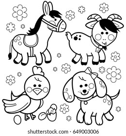 Farm animals. A donkey, a dog, a goat and chicken. Vector black and white coloring page. 