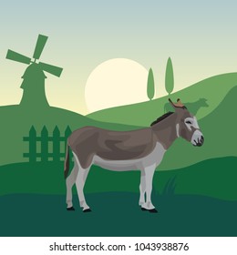 Farm animals donkey vector illustration with nature background 