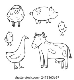 farm animals doodle illustrations sketch set