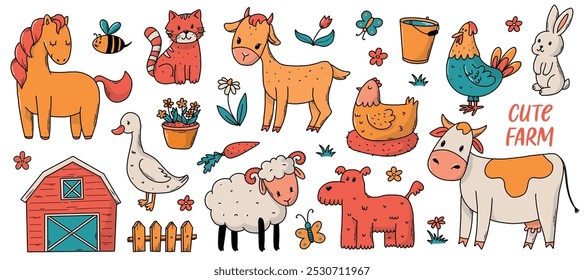 Farm animals doodles, agriculture cartoon elements collection for stickers, prints, cards, signs, posters, nursery decor, clothing, etc. EPS 10