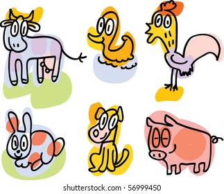 farm animals doodles: cow, duck, rooster, rabbit, dog, pig