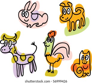 farm animals doodles: rabbit, dog, bull, cock, cat