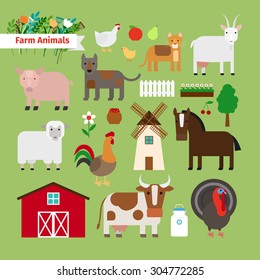 Farm animals and farm elements in flat style on green background