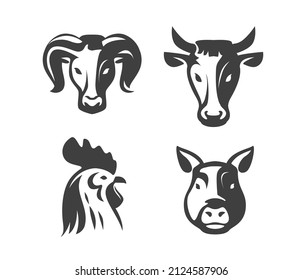 Farm animals emblems set. Cow, pig, chicken, ram symbol for butcher shop design or restaurant menu
