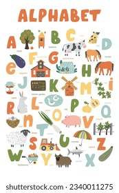 Farm animals English alphabet. Cute vector poster with animals characters. It can be used for room decoration, poster, cards. 