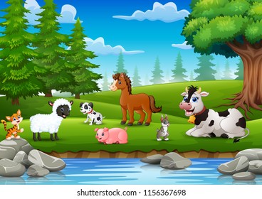 Farm animals are enjoying nature by the river