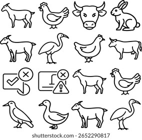 Animales de granja y símbolos de error Iconos vectoriales Estilo de contorno Blanco y Negro