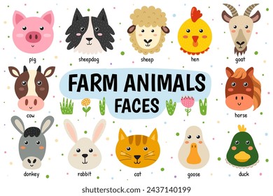 Farm animals faces collection in cartoon style for kids design. Cute farm characters heads educational poster for school and preschool. Vector illustration