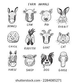 Farm Animals faces funny vector line illustrations set.