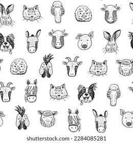 Farm Animals faces funny vector seamless pattern.
