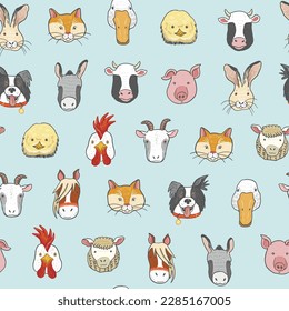 Farm Animals faces funny vector seamless pattern.