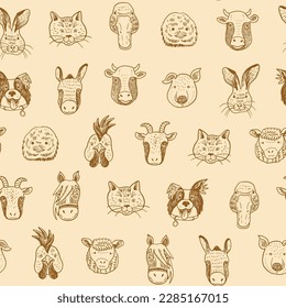 Farm Animals faces funny vector seamless pattern.