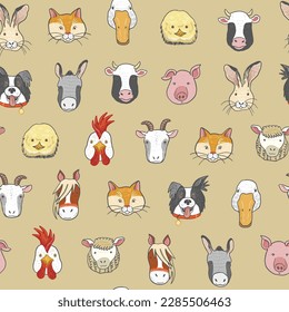 Farm Animals faces funny vector seamless pattern.