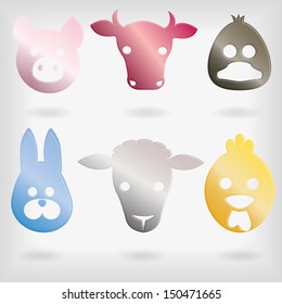 Farm animal`s faces, metal icon.
