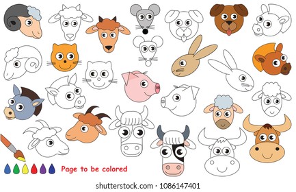 Farm Animals faces set to be colored, the coloring book for preschool kids with easy educational gaming level.