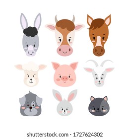 Farm animals faces set isolated on white background. Cute and funny cartoon head of character -  sheep, goat, cow, donkey, horse, pig, cat, dog, rabbit. Vector flat design clip art illustration.