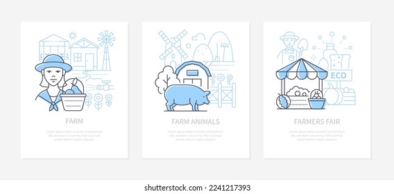 Farm animals and fair - line design style banners set with place for text. Girl with a basket, livestock near the mill, fair of ecological vegetables and fruits. Greenhouse, haystack and harvest idea