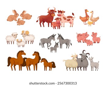 Farm animals family. Cute domestic baby animal and mothers, cow children calf pig little piglet sheep lamb, cartoon livestock pets countryside mascots swanky vector illustration original artwork