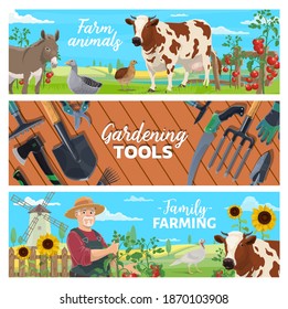 Farm animals, family farming and gardening tool banners. Farm poultry and livestock, vegetables harvest. Farmer growing tomatoes, milk cow and donkey, goose, turkey and quail, field landscape vector