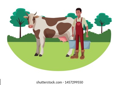 farm, animals and farmer african american man with pails and cow avatar cartoon character over the grass with trees and shruberry vector illustration graphic design