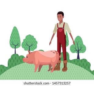 Farm, Animals And Farmer Afro American Man Wearing Overall With Pig Avatar Cartoon Character Over The Grass With Trees And Shrubbery. Vector Illustration.