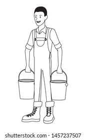 farm, animals and farmer afroamerican man with overall, boots and carrying two pails avatar cartoon character in black and white vector illustration graphic design