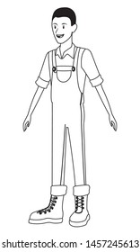 farm, animals and farmer afroamerican man with overall and boots avatar cartoon character in black and white vector illustration graphic design