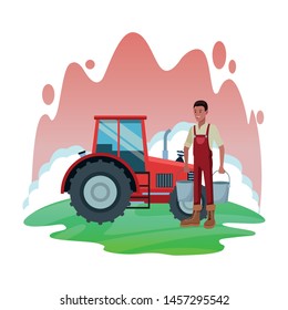 farm, animals and farmer afroamerican man with pails and agriculture tractor avatar cartoon character over the grass in watercolor background vector illustration graphic design