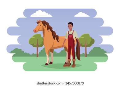 farm, animals and farmer afroamerican man wearing overall and horse avatar cartoon character over the grass with shruberry, trees and clouds vector illustration graphic design