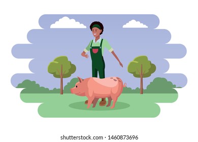 farm, animals and farmer afroamerican woman wearing bandana and overall with pig avatar cartoon character over the grass with shruberry, trees and clouds vector illustration graphic design