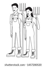 farm, animals and farmer avatar cartoon character in black and white vector illustration graphic design