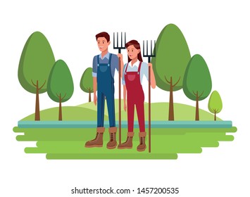 farm, animals and farmer avatar cartoon character over the grass and trees vector illustration graphic design