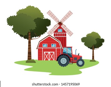 farm, animals and farmer barn, windmill and farm tractor icon cartoon over the grass with trees vector illustration graphic design