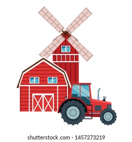farm, animals and farmer barn, windmill and farm tractor icon cartoon vector illustration graphic design