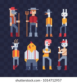 Farm animals farmer characters furry art. Chick, bunny, goose, goat and pig. Isolated vector illustration. Cartoon icon for mobile app and sticker. Anthropomorphic design. 8-bit. Pixel art 80s style.