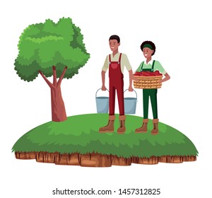 farm, animals and farmer couple afroamerican man holding two pails and afroamerican woman with bandana holding wicker basket avatar cartoon character over a piece of ground with tree vector