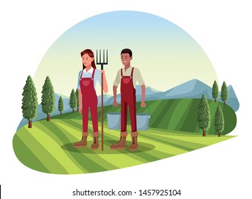 farm, animals and farmer couple afroamerican man holding two pails and woman with rake avatar cartoon character over the grass with trees and mountain landscape vector illustration graphic design