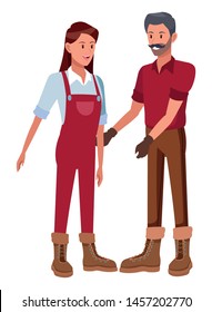 farm, animals and farmer couple man with moustache and gloves and woman wearing overall avatar cartoon character vector illustration graphic design