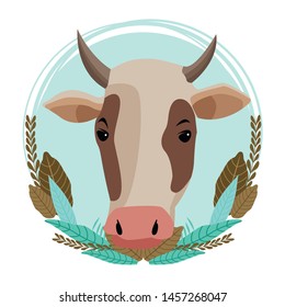 farm, animals and farmer cow head icon cartoon round icon with leaves decorative vector illustration graphic design