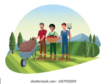 farm, animals and farmer group of people man with moustache carrying a wheelbarrow and sack afroamerican woman with bandana and holding a wicker basket man with rake avatar cartoon character over the