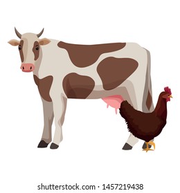 farm, animals and farmer hen and cow icon cartoon vector illustration graphic design