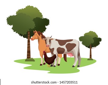 farm, animals and farmer horse, cow and hen icon cartoon over the grass with trees vector illustration graphic design