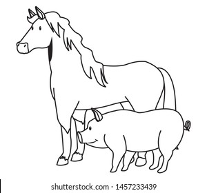 farm, animals and farmer horse and pig icon cartoon in black and white vector illustration graphic design
