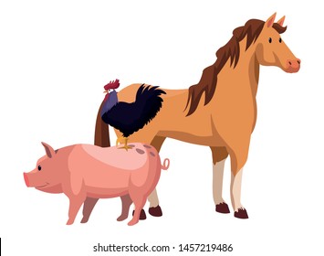 farm, animals and farmer horse and rooster over a pig icon cartoon vector illustration graphic design