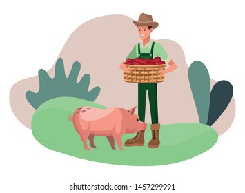 farm, animals and farmer man with hat holding a wicker basket with pig avatar cartoon character over the grass with shruberry and plants vector illustration graphic design