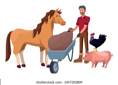 farm, animals and farmer man with moustache pushing a wheelbarrow with sack. horse, pig and rooster vector illustration graphic design