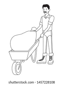 farm, animals and farmer man with moustache and pushing a wheelbarrow avatar cartoon character in black and white vector illustration graphic design