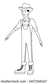 farm, animals and farmer man with overall, boot and hat avatar cartoon character in black and white vector illustration graphic design