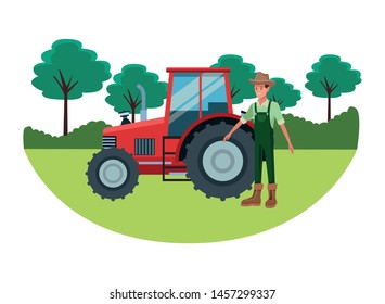 farm, animals and farmer man wearing hat and agriculture tractor avatar cartoon character over the grass with trees and shruberry vector illustration graphic design