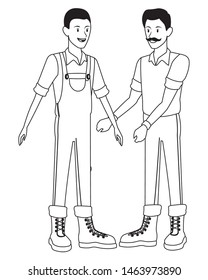 farm, animals and farmer men afroamerican man with overall and man with moustache, gloves and boots avatar cartoon character in black and white vector illustration graphic design
